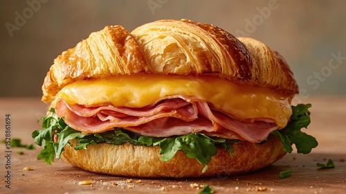 Wallpaper Mural Buttery croissant sandwich filled with melted cheese, sliced ham, and fresh greens, rests on a rustic surface Torontodigital.ca