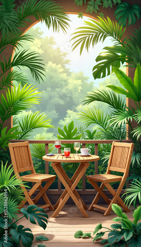 Cozy wooden patio with drinks surrounded by tropical plants  