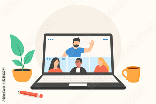 Flat design illustration of a laptop displaying a video conference with diverse participants ideal for presentations, websites, and articles on remote work.