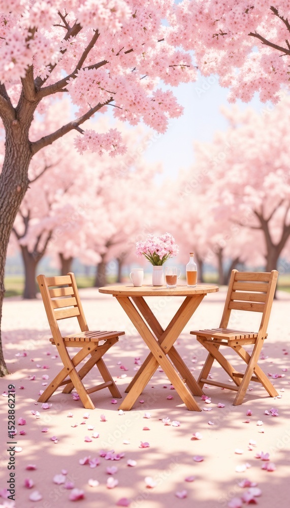 Fototapeta premium Wooden table and chairs under blooming cherry blossom trees 