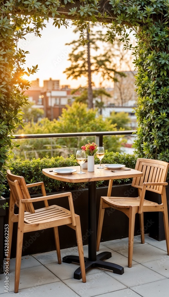 Fototapeta premium Cozy outdoor dining table with wooden chairs and sunset view 