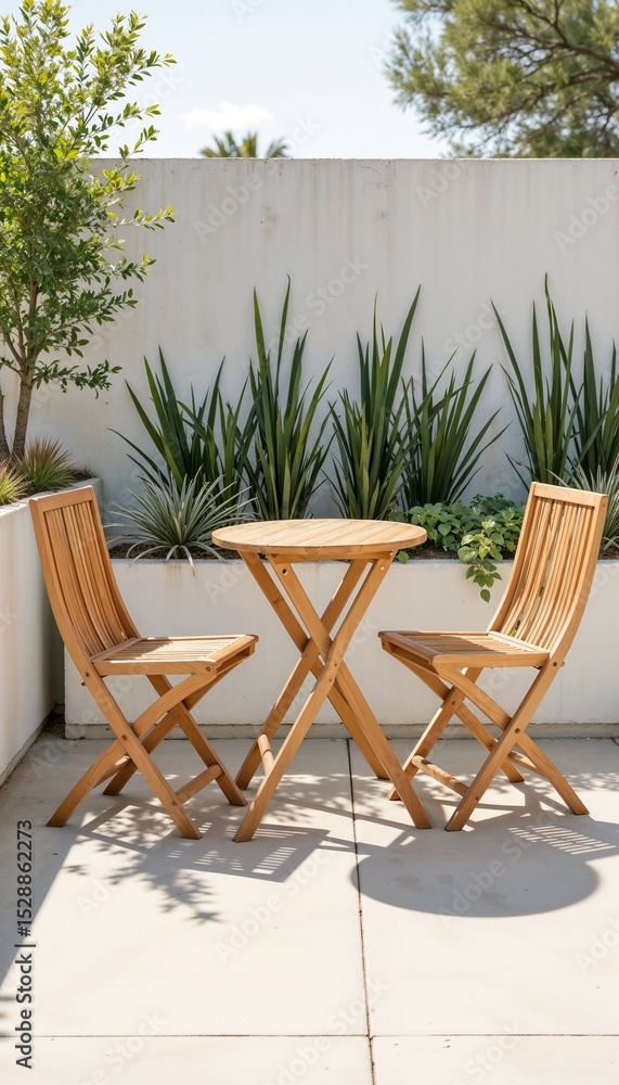 Wooden patio table and chairs set in modern garden environment Wooden patio table and chairs set in modern garden environment
