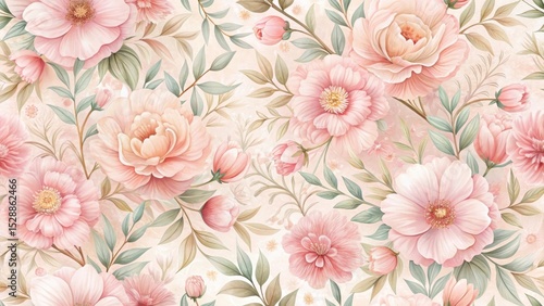 A Delicate Watercolor Floral Pattern Featuring Soft Pink Blossoms and Lush Greenery, Ideal for Textile Designs and Decorative Applications
