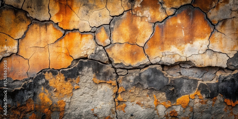 Fototapeta premium Abstract Texture of Cracked and Weathered Stone Surface with Shades of Orange, Gray, and Black