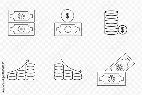 Money line icons. Set of Banking, Wallet and Coins icons. Credit card, Currency exchange and Cashback money service. Euro and Dollar, Cash wallet, exchange. Banking credit card, ATM payment. EPS 10.