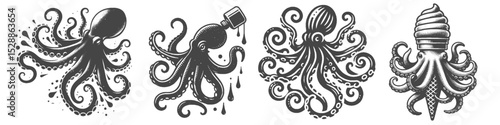 Vintage Hand-Drawn Octopus Collection Illustration, Marine Animal Engraved Style Vector for T-Shirts and Ocean and Dessert Themes Design