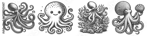 Vintage Hand-Drawn Octopus Collection Illustration, Marine Animal Engraved Style Vector for T-Shirts and Ocean Themes Design