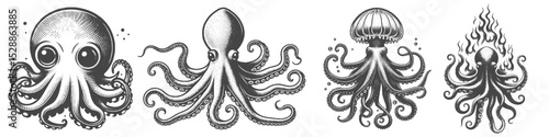 Vintage Hand-Drawn Octopus Collection Illustration, Marine Animal Engraved Style Vector for T-Shirts and Fire and Ocean Themes Design