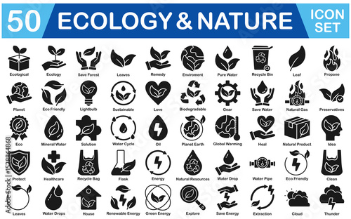 Ecology And Nature Icon Set With Ecological, Save Forest, Leaves, Remedy, Enviroment, Pure Water, Leaf, Propane, Planet, Eco Friendly, Lightbulb, Sustainable, Love, Gear, Eco