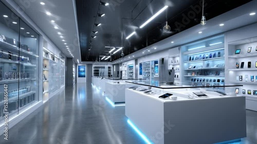 Modern electronics store interior with illuminated displays