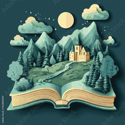 Open book of 3d papercut magic fantasy story, vector style simple color