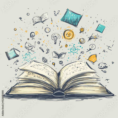 Sketch open book with many symbols around