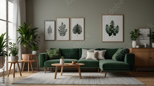 Interior design of a living room in a Scandinavian style with a green sofa, wooden furniture, room plants. Vector flat illustration. generative.ai
