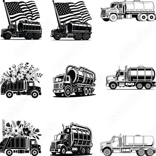 Septic Truck Svg Bundle, Truck Svg Files, Flatbed Semi Truck Svg