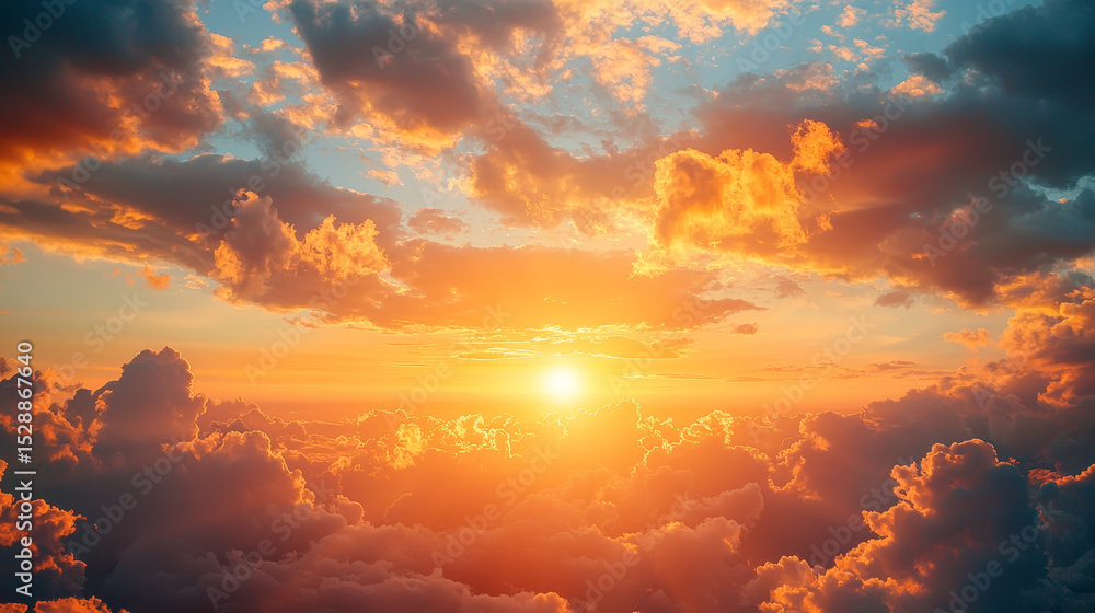 Fototapeta premium Vibrant Sunset with Glowing Sun and Dramatic Clouds Serene Sky Painted in Orange and Gold, Highlighting Natures Beauty and Enhancing Scenes Vibrant Atmosphere