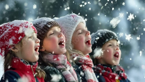 Children singing christmas carols on a snowy day.