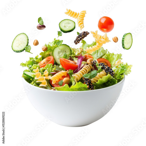 Fresh vegetable pasta salad bowl isolated on transparent background