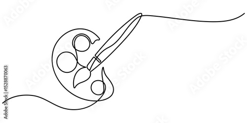 one line art palette and brush vector icon. single line, one continuous line, simple, hand drawn and sketch style. Continuous one line drawing of a art materials. for icons, symbols, signs or logos. 