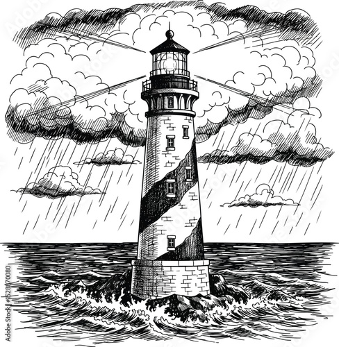 Dramatic hand-drawn black and white illustration of a lighthouse cutting through a stormy sea with rain and dark clouds, emitting a guiding light