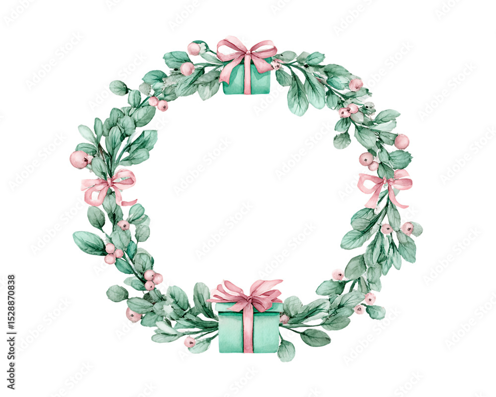Mint Green And Pink Watercolor Christmas Wreath With Gifts, PNG Mint Green And Pink Watercolor Christmas Wreath With Gifts, PNG