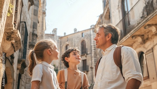 Fototapeta Naklejka Na Ścianę i Meble -  Family enjoying summer holidays exploring ancient italian city center
