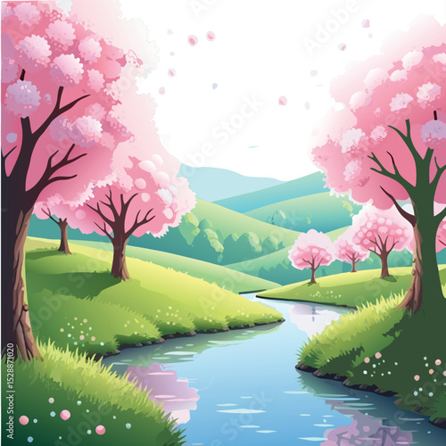 Picturesque Spring Scene with Blooming Cherry Trees and a Calm River Winding Through Verdant Green Hills