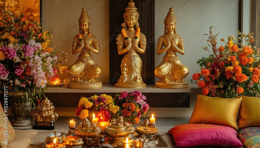 Fototapeta premium Golden statues of praying deities adorned with flowers and candles in home decor