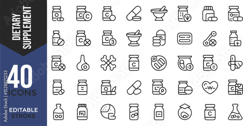 Dietary Supplement & Food Additive Icon Set (Line Style)

