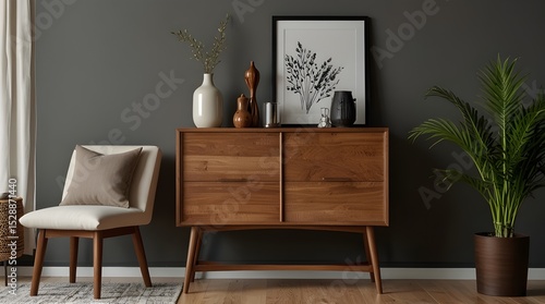 Wooden cabinet with decorative items in modern room. generative.ai