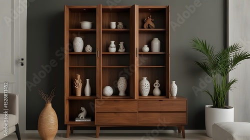Wooden cabinet with decorative items in modern room. generative.ai