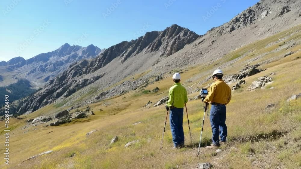 Explorers Conduct Research in Rocky Mountains An Adventure Through Grassy Landscapes and Natures Beauty, Emphasizing Teamwork in Great Outdoors. Explorers Conduct Research in Rocky Mountains An Adventure Through Grassy Landscapes and Natures Beauty, Emphasizing Teamwork in Great Outdoors.