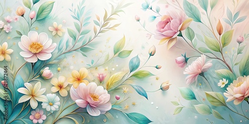 Serene Pastel Floral Arrangement Delicate Blooms and Lush Greenery on a Soft Background