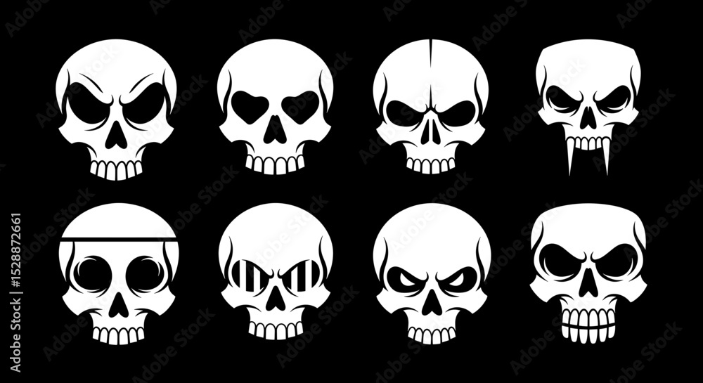 Collection of eight stylized skulls with varying eye shapes and teeth arrangements displayed together Collection of eight stylized skulls with varying eye shapes and teeth arrangements displayed together