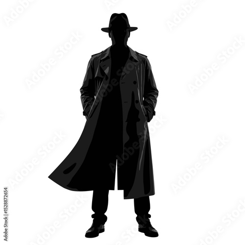 Silhouette of a man wearing a trench coat and fedora standing with hands in pockets looking forward