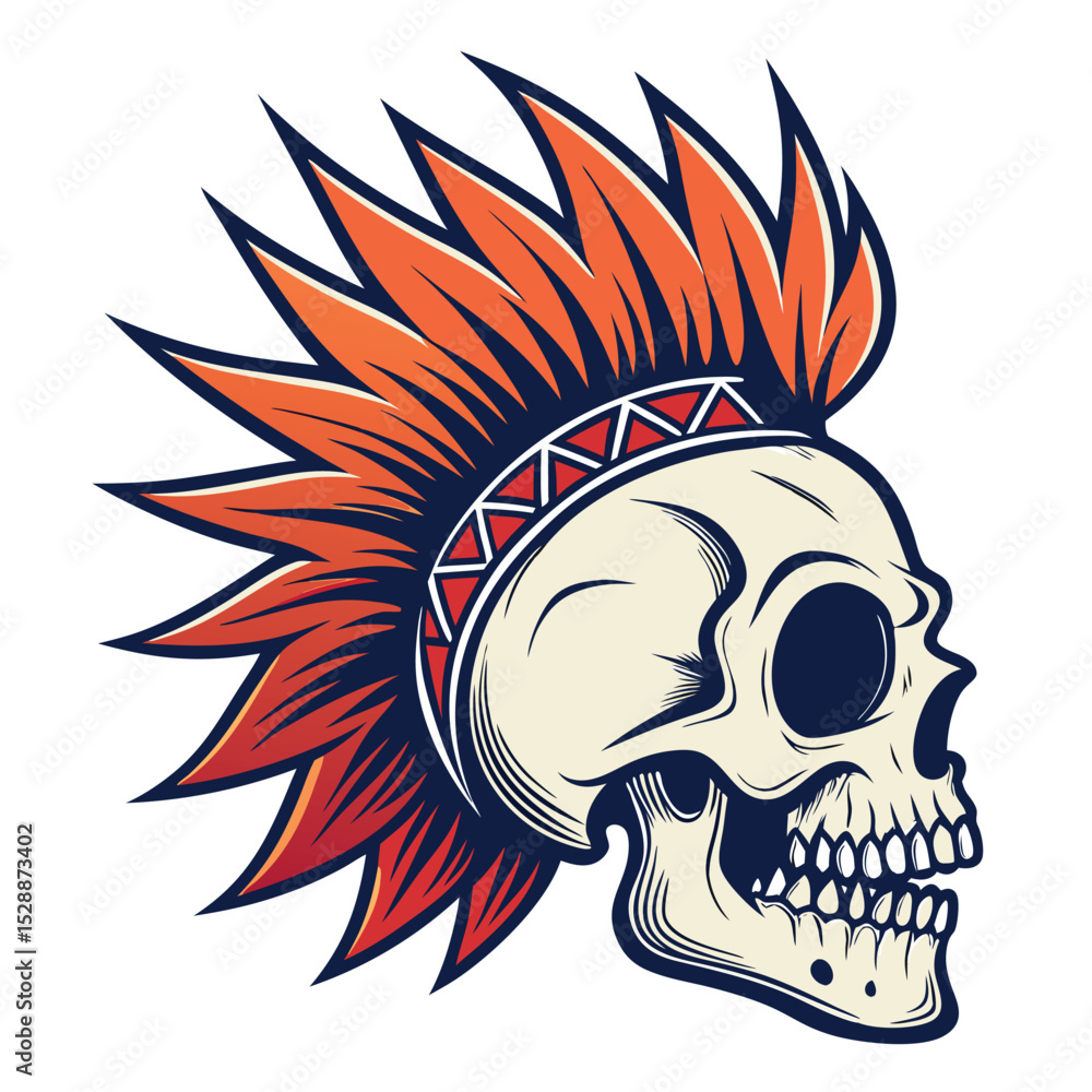 Create a detailed illustration of a punk skull with a vibrant mohawk and teeth replaced by gritty grip tape. Isolate the skull on a plain background. Create a detailed illustration of a punk skull with a vibrant mohawk and teeth replaced by gritty grip tape. Isolate the skull on a plain background.