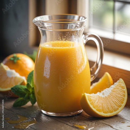 Fresh Orange Juice in a Glass Pitcher with Mint and Oranges on a Rustic Kitchen Table