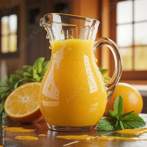 Fresh Orange Juice in a Glass Pitcher with Mint and Oranges on a Rustic Kitchen Table