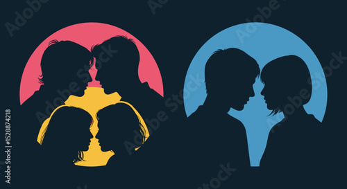 Silhouetted couples face each other within oval shapes of pink blue and yellow hues in a graphic art piece