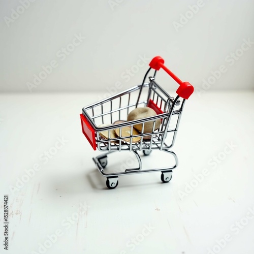 Miniature Shopping Cart with Red Accents on White Background Representing Online Shopping and Retail Concept
