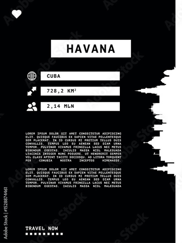 Havana, Cuba vector infographics, brochure black and white layout. Guide, leaflet, flyer, graphic template with text, information, skyline contour. Page, festival, cover mock up image