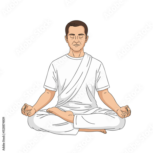 Peaceful Man Meditating in Lotus Pose (Padmasana) with Gyan Mudra Vector Illustration - International Yoga Day, June 21st, Yoga Day Celebration.