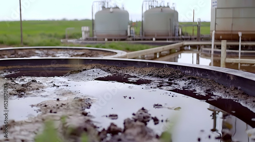 Industrial wastewater treatment ponds, muddy water, metal rims, tanks in background