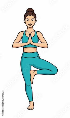 Smiling Woman Practicing Tree Pose (Vrikshasana) with Namaste Gesture Vector Illustration - International Yoga Day, June 21st, Yoga Day Celebration.