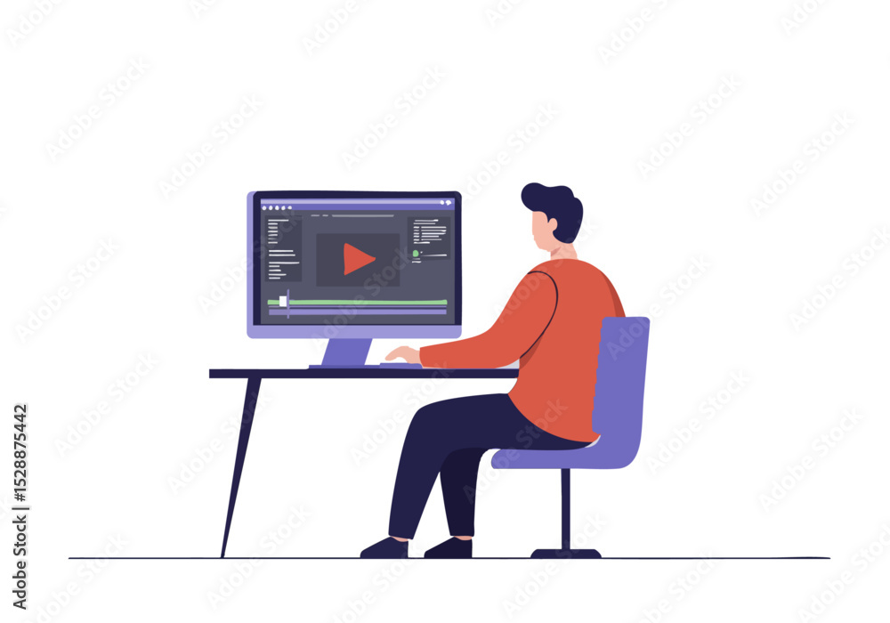 Fototapeta premium A man edits video on a computer, focused and engaged. Modern workspace with plants and digital icons. Professional, creative, and dynamic.