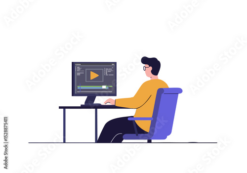 A focused man edits video on a computer, surrounded by creative elements. Modern, bright workspace with a professional feel. Ideal for digital marketing and content creation.