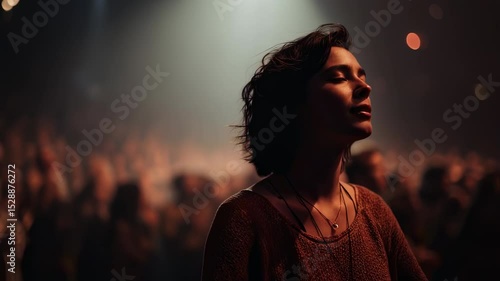A snapshot of a worship leader with their arms outstretched, their eyes closed in deep reverence as they lead the group in a beautiful and soulstirring rendition of a worship song.