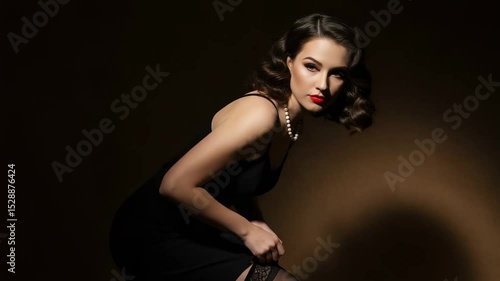 A woman in a black dress and pearl necklace, red lipstick, poses dramatically.