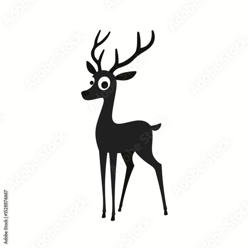  Cartoon Deer in Black Silhouette Vector with Small Antlers and Big Eyes on White Background