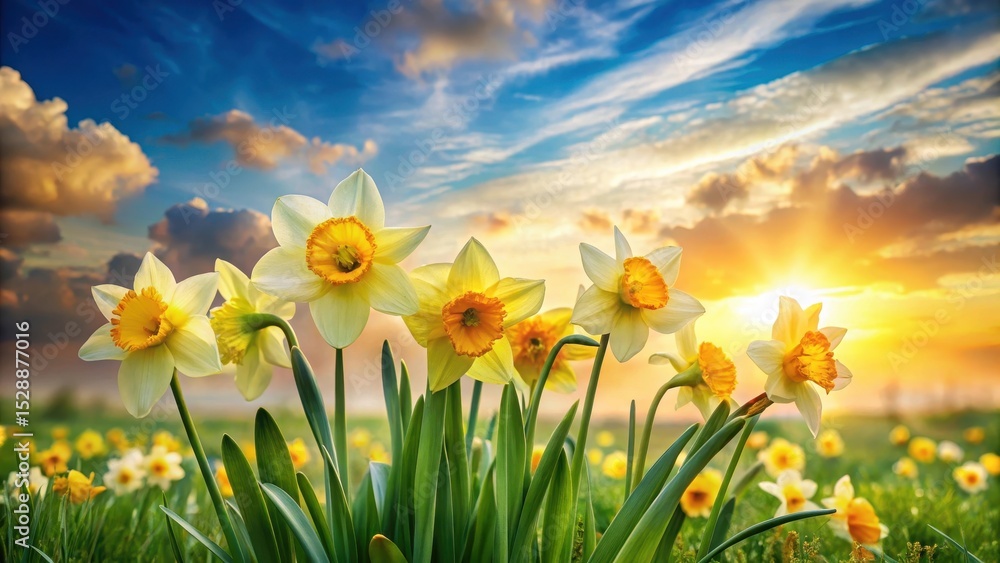 Obraz premium Golden Hour Daffodils in a Vibrant Meadow Basking in the Warm Glow of a Sunset