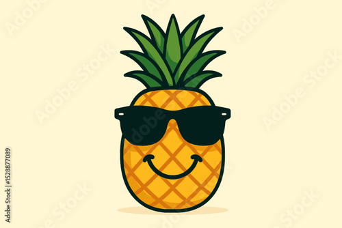 Cartoon pineapple wearing sunglasses, cheerful expression.